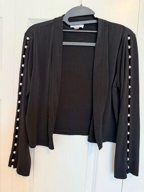 Calvin Klein Black Open-Front Cardigan with Pearl Sleeve Accents